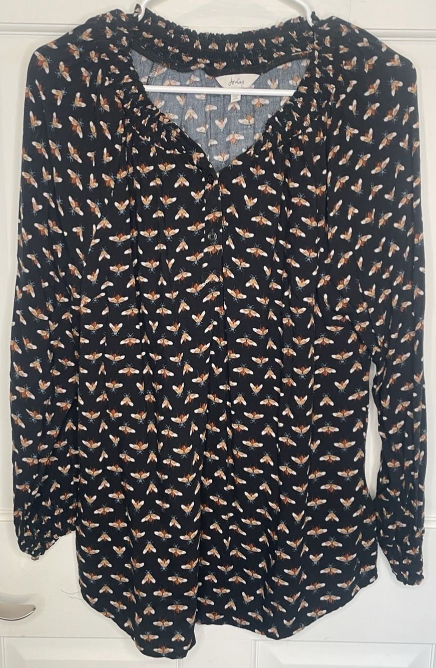Joules Women’s Talia Smocked Henley Pullover Sz 10 Flowy Blk Bees Whimsical Boho